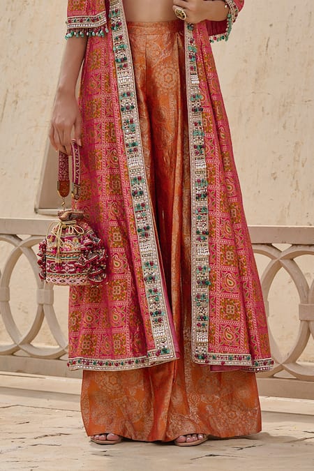 Tarun Tahiliani_Pink Brocade Beads, Gota Patti, Embroidery Round Neck, Gharchola Jacket Set _Online_at_Aza_Fashions
