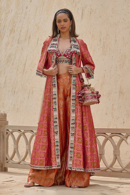 Buy_Tarun Tahiliani_Pink Brocade Beads, Gota Patti, Embroidery Round Neck, Gharchola Jacket Set _Online_at_Aza_Fashions