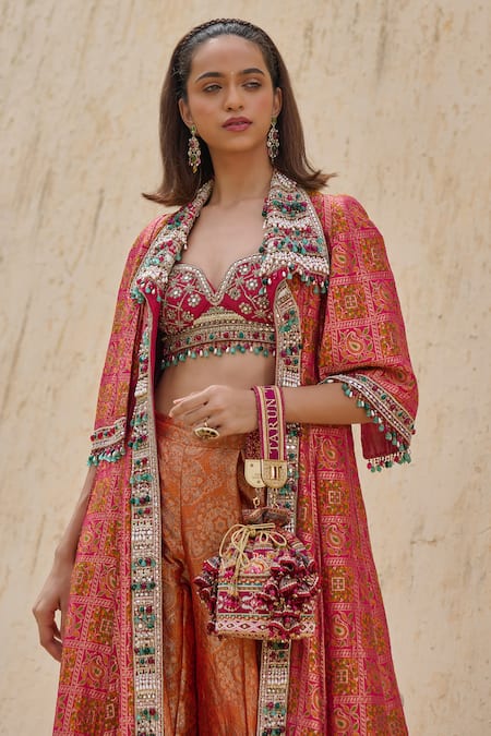 Shop_Tarun Tahiliani_Pink Brocade Beads, Gota Patti, Embroidery Round Neck, Gharchola Jacket Set _Online_at_Aza_Fashions