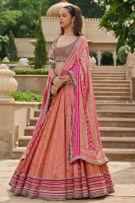 Tarun Tahiliani_Pink Brocade Beads, Gota Patti Round Neck Gharchola And Lehenga Set _Online_at_Aza_Fashions