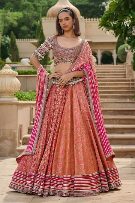 Buy_Tarun Tahiliani_Pink Brocade Beads, Gota Patti Round Neck Gharchola And Lehenga Set _Online_at_Aza_Fashions