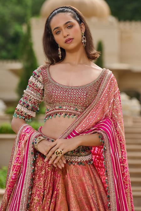Shop_Tarun Tahiliani_Pink Brocade Beads, Gota Patti Round Neck Gharchola And Lehenga Set _Online_at_Aza_Fashions