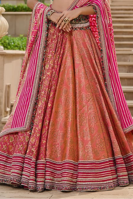 Tarun Tahiliani_Pink Brocade Beads, Gota Patti Round Neck Gharchola And Lehenga Set _at_Aza_Fashions