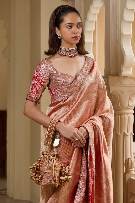 Buy_Tarun Tahiliani_Red Brocade Embroidery Round Neck Crystal Detailed Saree With Blouse _Online_at_Aza_Fashions