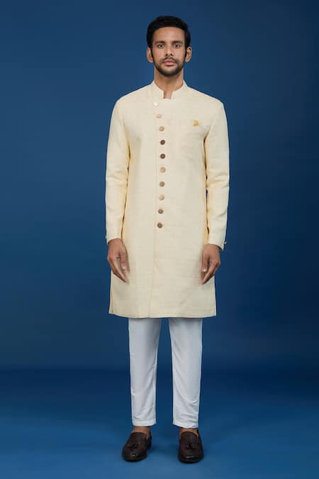 Arihant Rai Sinha_Yellow Jacquard, Polyester, Viscose Embroidery, Sequins Sherwani And Pant Set _Online_at_Aza_Fashions