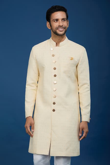 Buy_Arihant Rai Sinha_Yellow Jacquard, Polyester, Viscose Embroidery, Sequins Sherwani And Pant Set _Online_at_Aza_Fashions