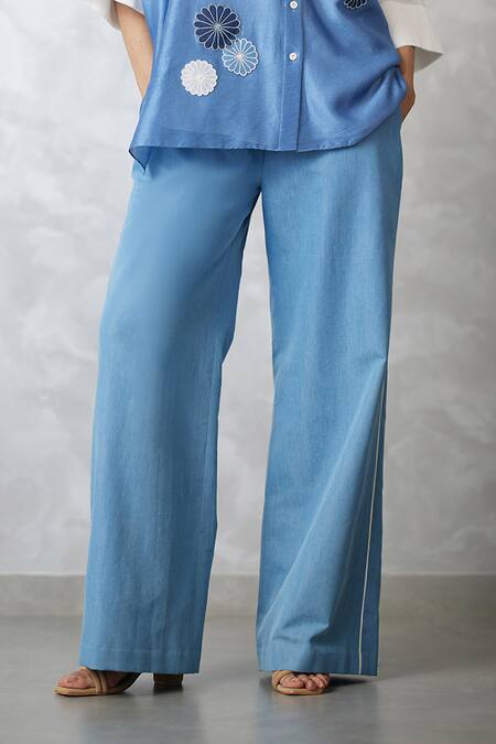 Nachiket Barve_Ivory Chanderi, Denim Applique Collared Nova T-shape Shirt And Pant Set _at_Aza_Fashions