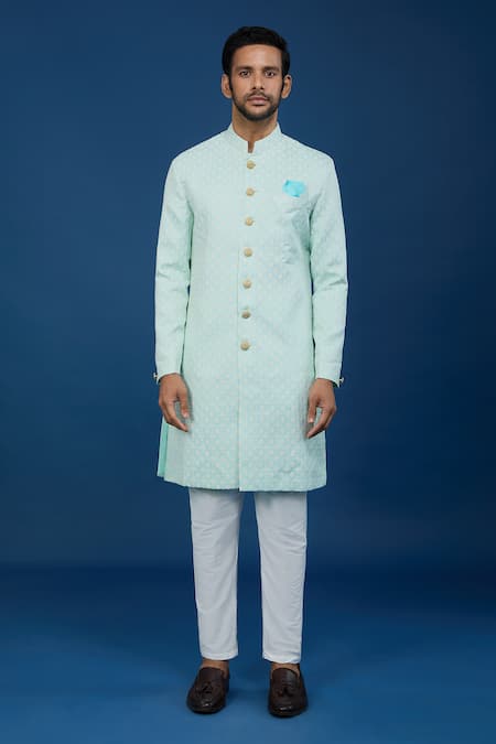 Arihant Rai Sinha_Blue Jacquard, Polyester, Viscose Embroidery, Floral Pattern Sherwani Set _Online_at_Aza_Fashions