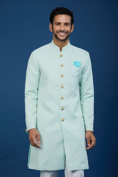 Buy_Arihant Rai Sinha_Blue Jacquard, Polyester, Viscose Embroidery, Floral Pattern Sherwani Set _Online_at_Aza_Fashions