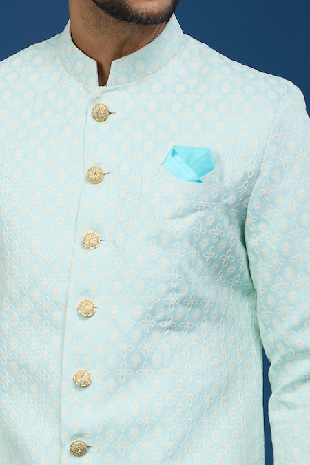 Shop_Arihant Rai Sinha_Blue Jacquard, Polyester, Viscose Embroidery, Floral Pattern Sherwani Set _Online_at_Aza_Fashions