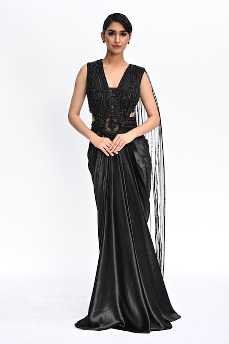 Rabiya Savlani Black Satin, Tulle Embroidery V-neck Sculpted Saree Gown 