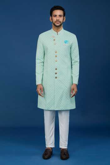 Arihant Rai Sinha_Green Jacquard, Polyester, Viscose Embroidery, Geometric Pattern Sherwani Set _Online_at_Aza_Fashions