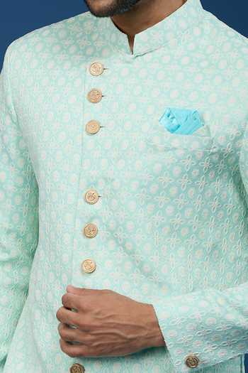 Shop_Arihant Rai Sinha_Green Jacquard, Polyester, Viscose Embroidery, Geometric Pattern Sherwani Set _Online_at_Aza_Fashions