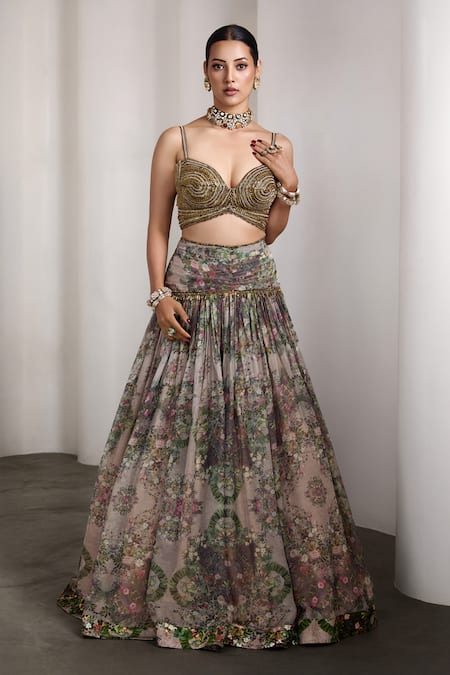 Rocky Star Beige Embroidery Sweetheart Neck Embellished Lehenga Set 
