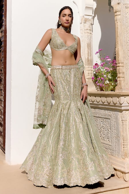 Osaa By Adarsh Green Silk, Tissue Zari, Embroidery Plunge Neck Fishcut Lehenga Set 