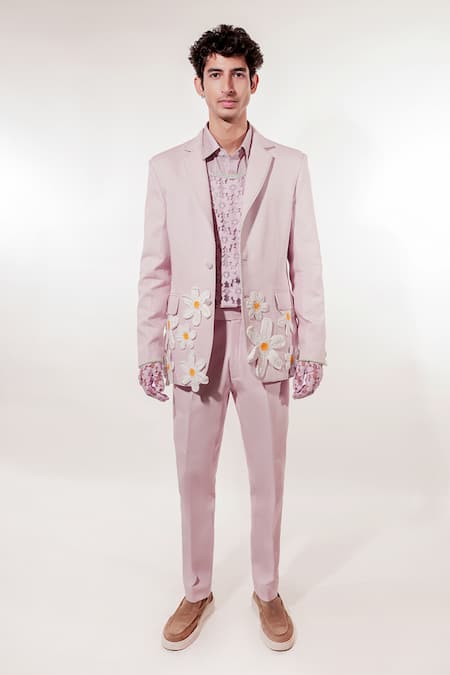 Jubinav Chadha Purple Linen, Tissue Fabric Flowers Crochet Lilac Blazer Set 