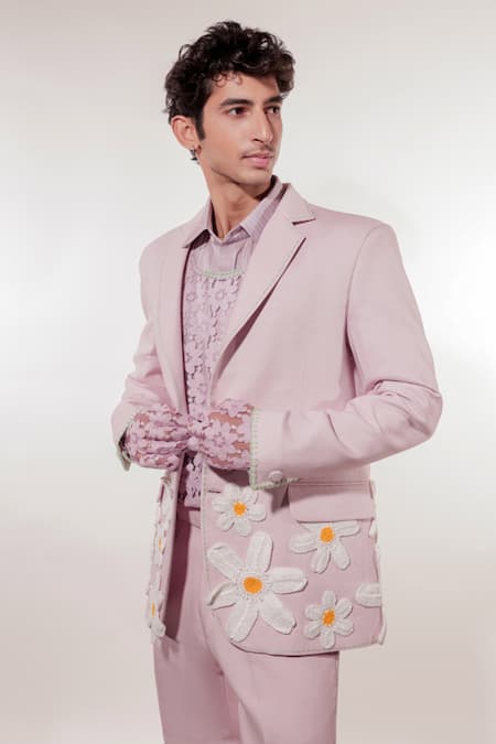 Buy Jubinav Chadha Purple Linen, Tissue Fabric Flowers Crochet Lilac Blazer Set Buy_Jubinav Chadha_Purple Linen, Tissue Fabric Flowers Crochet Lilac Blazer Set