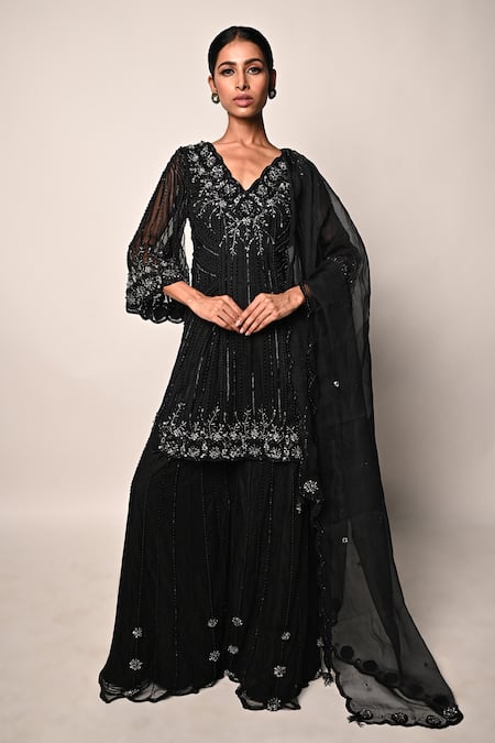 Rabiya Savlani Black Satin, Tulle Embroidery V-neck Kurta Gharara Set 