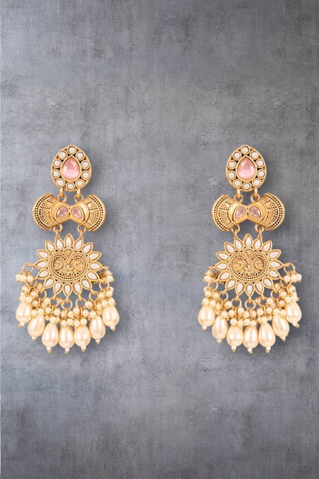 Auraa Trends Gold Plated Pearls, Stones Floral Design Earrings 