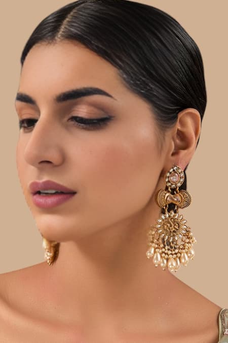 Shop Auraa Trends Gold Plated Pearls, Stones Floral Design Earrings at Aza Fashions Shop_Auraa Trends_Gold Plated Pearls, Stones Floral Design Earrings _at_Aza_Fashions
