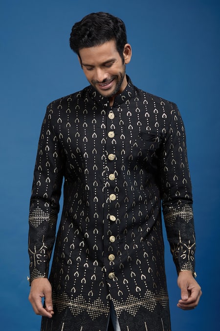 Shop_Arihant Rai Sinha_Black Silk, Polyester, Viscose Embroidery, Sequins Thread And Work Sherwani Set _Online_at_Aza_Fashions