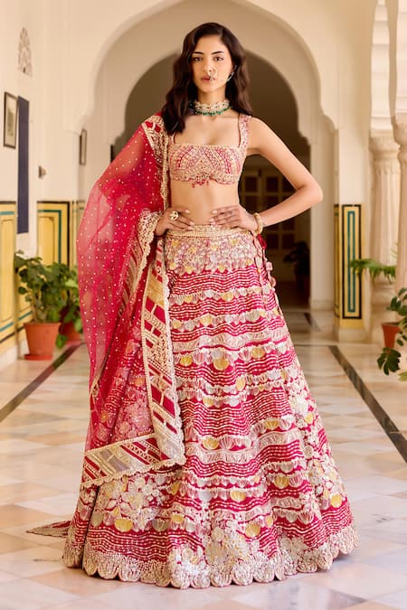 Osaa By Adarsh Red Organza Embroidery, Zari, Applique, Sequins Round Neck Cut Ruby Lehenga Set 