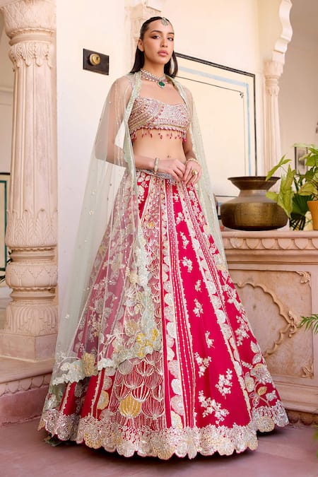 Osaa By Adarsh Red Silk Beads, Embroidery Bandeau Neck Cut Ruby Mulberry Lehenga Set 
