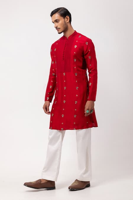PAARSH Red Silk Embroidery Floral Kurta 