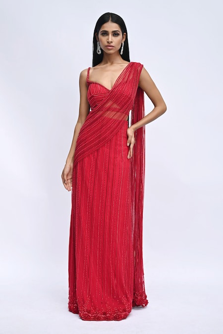Rabiya Savlani Red Satin, Tulle Embroidery, Beads Sweetheart One Shoulder Top With Lehenga 