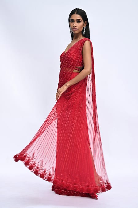Shop_Rabiya Savlani_Red Satin, Tulle Embroidery, Beads Sweetheart One Shoulder Top With Lehenga _Online_at_Aza_Fashions