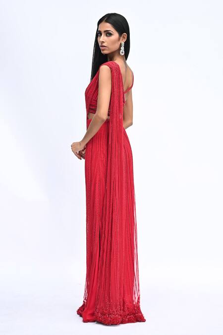 Buy_Rabiya Savlani_Red Satin, Tulle Embroidery, Beads Sweetheart One Shoulder Top With Lehenga 