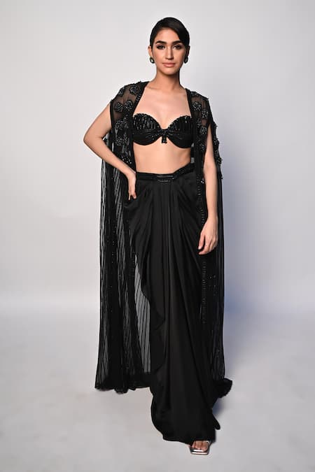 Rabiya Savlani Black Satin, Tulle Beads, Embroidery Sweetheart , Open Cape Skirt Set 