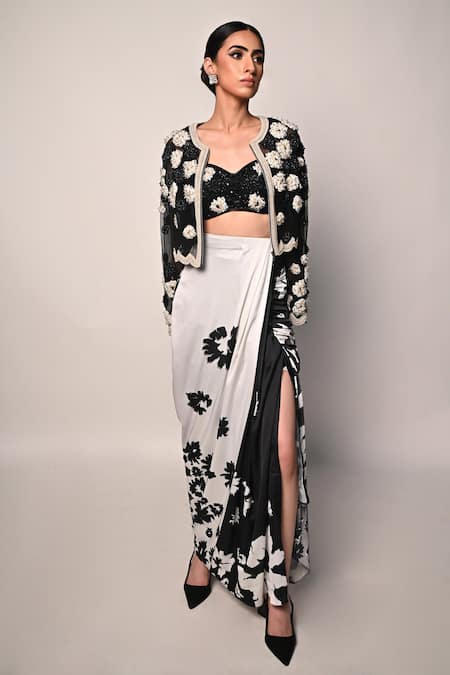 Rabiya Savlani Black Satin, Tulle Fabric Flowers, Embroidery Open Neck, Jacket Skirt Set 