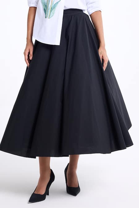 Gauri & Nainika_Black Cotton Panelled Midi Skirt _at_Aza_Fashions