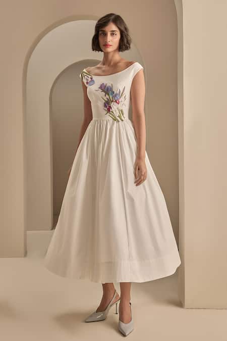 Gauri & Nainika Cream Cotton Embroidery Boat Neck Midi Dress 
