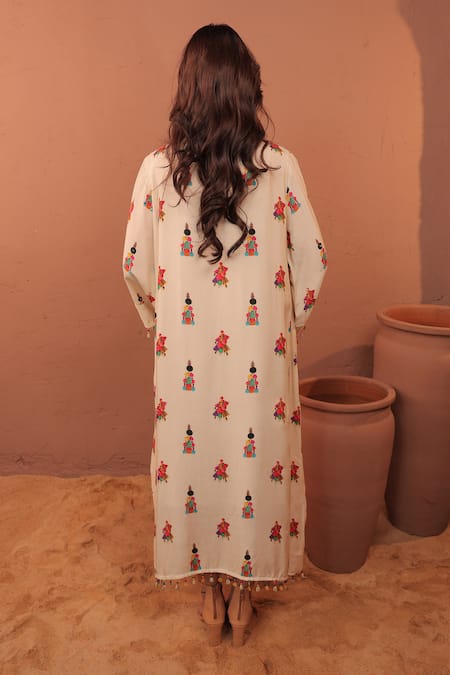 Shop_Surkh Syahi_Off White Cotton, Muslin Beads, Sequins Round Neck Albeli Tassel Bordered Dress _at_Aza_Fashions