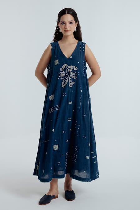 Rias Jaipur Blue Handloom Cotton Embroidery, Foil Printing Indigo Floral Pattern Dress 