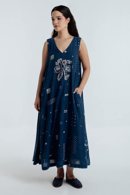 Shop_Rias Jaipur_Blue Handloom Cotton Embroidery, Foil Printing Indigo Floral Pattern Dress _Online_at_Aza_Fashions