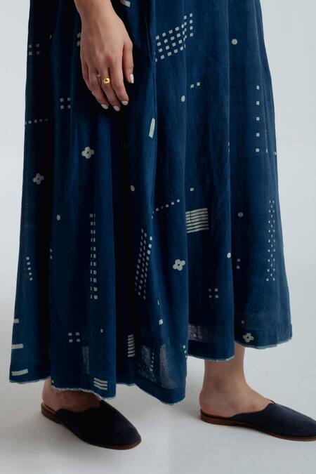 Buy_Rias Jaipur_Blue Handloom Cotton Embroidery, Foil Printing Indigo Floral Pattern Dress 