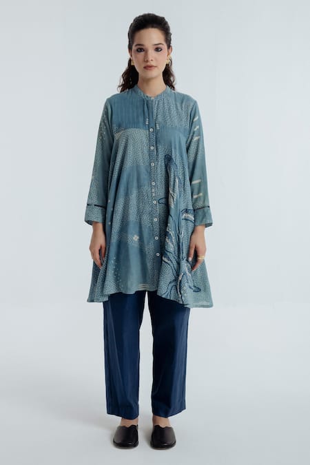Rias Jaipur_Blue Cotton Embroidery, Beads Mandarin Collar, Indigo Geometric Pattern Shirt _Online_at_Aza_Fashions