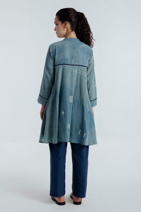 Buy_Rias Jaipur_Blue Cotton Embroidery, Beads Mandarin Collar, Indigo Geometric Pattern Shirt _Online_at_Aza_Fashions