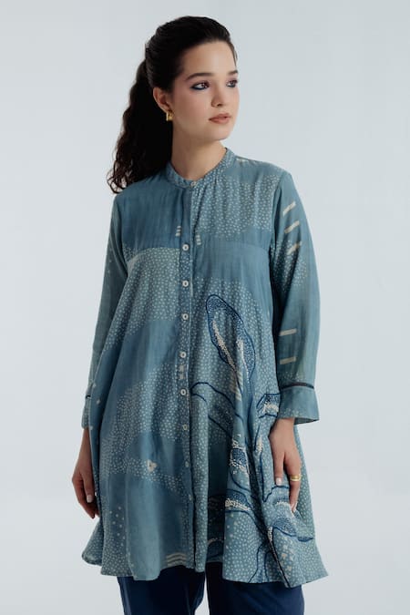 Rias Jaipur Blue Cotton Embroidery, Beads Mandarin Collar, Indigo Geometric Pattern Shirt 