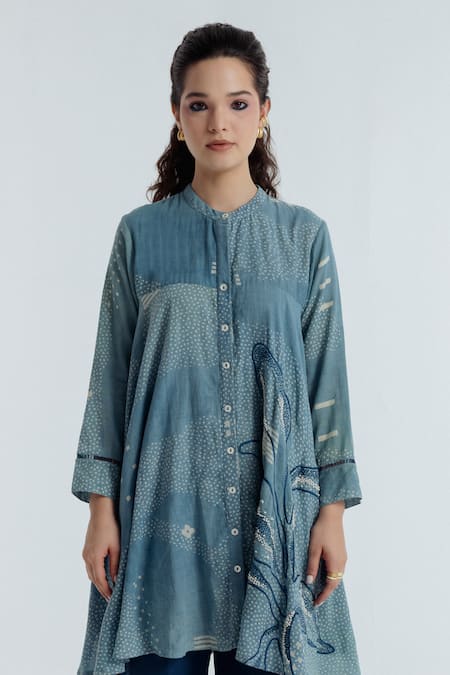 Shop_Rias Jaipur_Blue Cotton Embroidery, Beads Mandarin Collar, Indigo Geometric Pattern Shirt _Online_at_Aza_Fashions