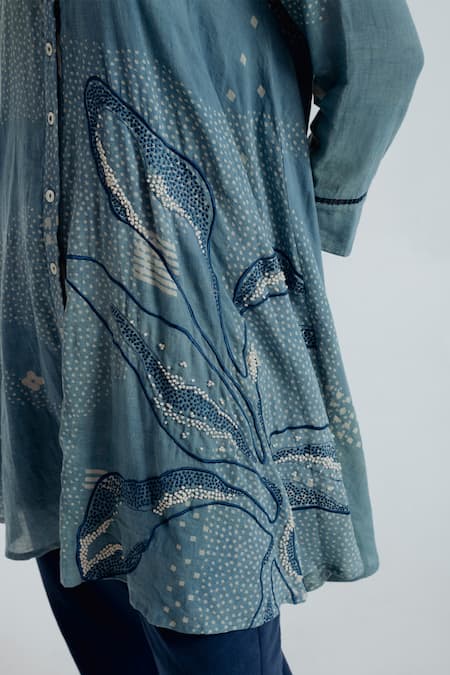 Rias Jaipur_Blue Cotton Embroidery, Beads Mandarin Collar, Indigo Geometric Pattern Shirt _at_Aza_Fashions