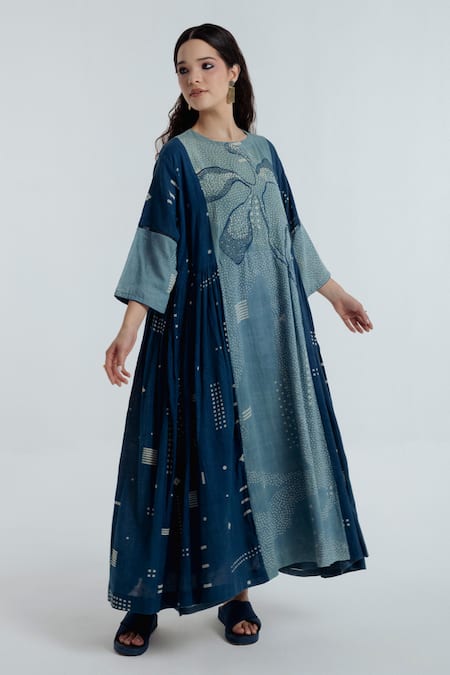Rias Jaipur Blue Cotton Embroidery Round Neck Indigo Pleated Dress 