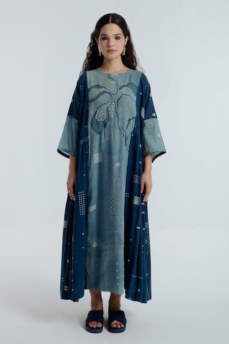 Buy_Rias Jaipur_Blue Cotton Embroidery Round Neck Indigo Pleated Dress _Online_at_Aza_Fashions