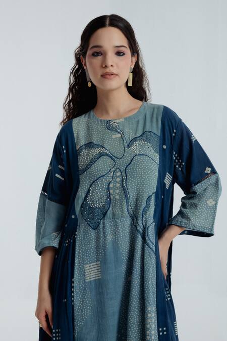 Shop_Rias Jaipur_Blue Cotton Embroidery Round Neck Indigo Pleated Dress _Online_at_Aza_Fashions