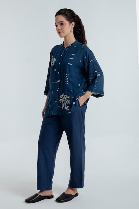 Rias Jaipur_Blue Cotton Embroidery Mandarin Collar Indigo Shadow Pattern Shirt _Online_at_Aza_Fashions