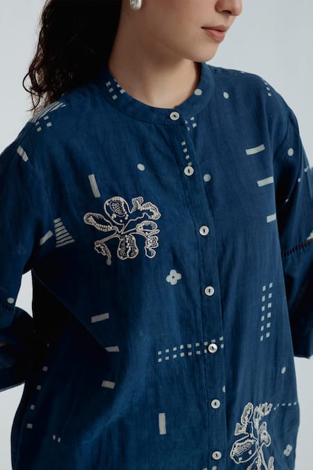 Buy_Rias Jaipur_Blue Cotton Embroidery Mandarin Collar Indigo Shadow Pattern Shirt _Online_at_Aza_Fashions