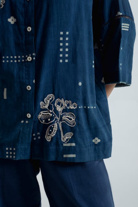 Shop_Rias Jaipur_Blue Cotton Embroidery Mandarin Collar Indigo Shadow Pattern Shirt _Online_at_Aza_Fashions